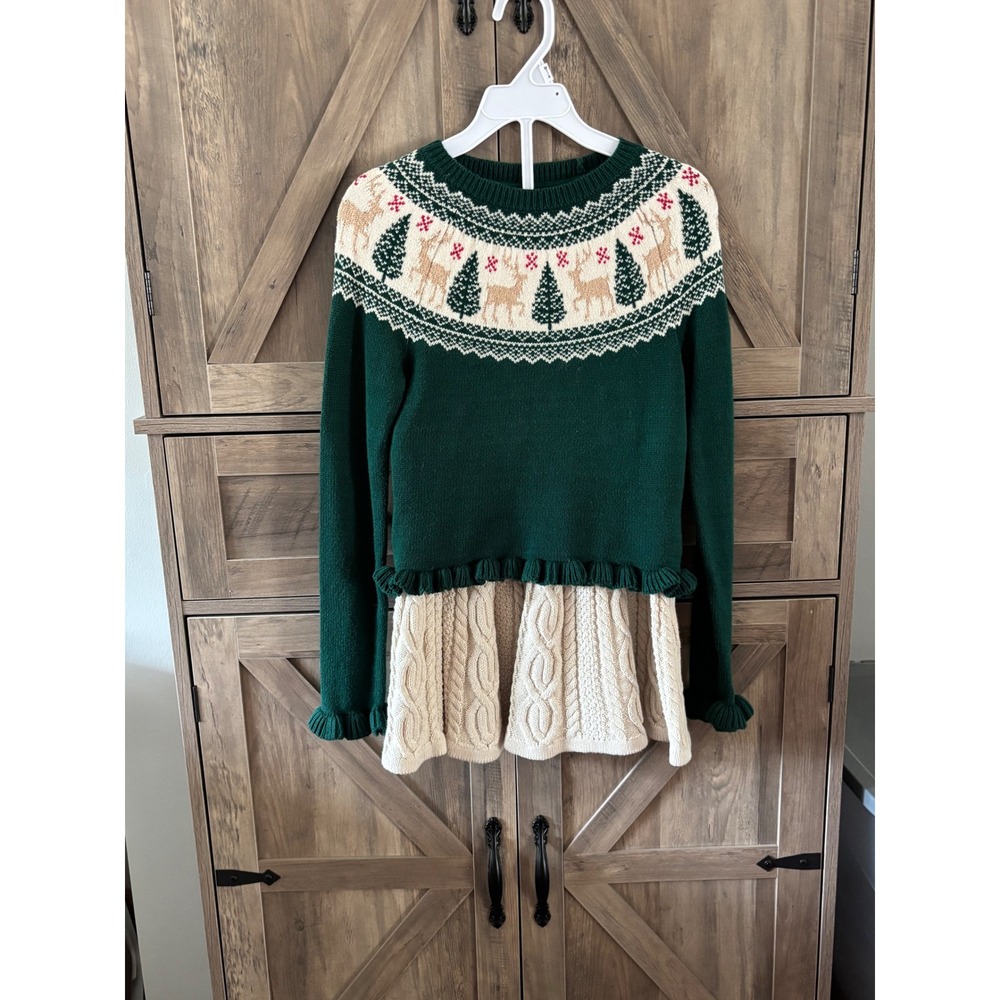 Tahari Kids Girls Green Fair Isle Reindeer Sweater and Cable Knit Skirt Set 7/8